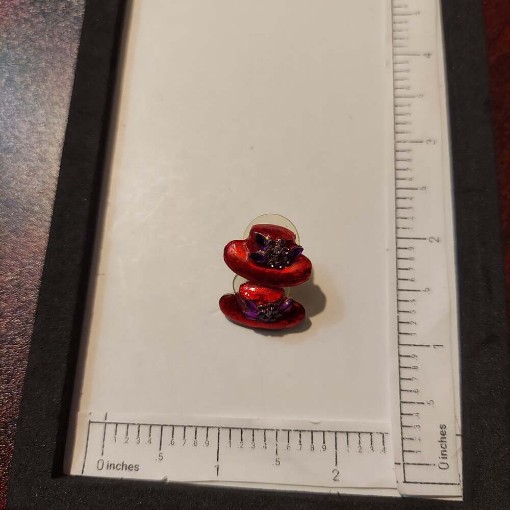 Red Hat and Purple Rhinestones with Gold Tone Back Stud Earrings